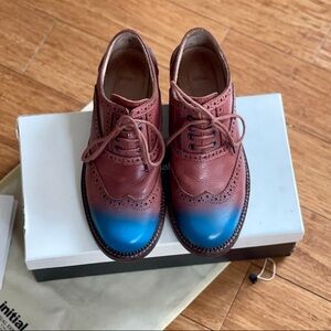 Stylish Brown and Blue Leather Brogues/ Initial women’s lace-up flat loafer